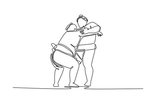 Single continuous line drawing two massive Sumo wrestlers locked in close-quarters embrace, grappling fiercely for leverage to execute a throw or lift. One line draw graphic design illustration vector