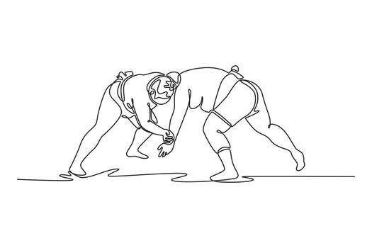 soltero uno línea dibujo dos grande sumo luchadores bloqueado en un feroz, bajo al suelo luchar, intenso dificil para apretón y posición. moderno continuo línea dibujar diseño gráfico ilustración vector