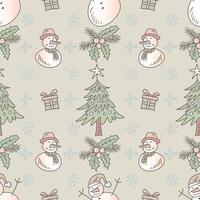 sin costura modelo con muñeco de nieve, Navidad árbol, regalos y copos de nieve vector
