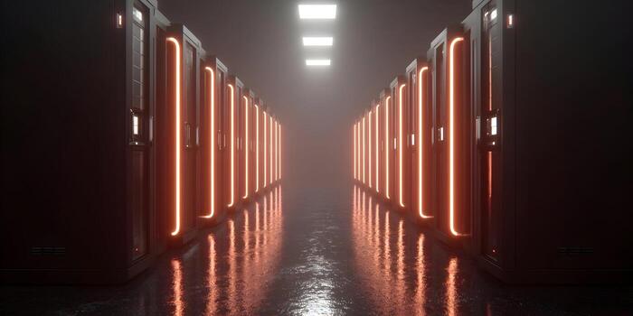 A futuristic data center corridor features rows of server racks with glowing orange lights reflecting on a dark wet floor photo