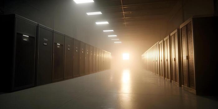 A mysterious bright light emanates from the end of a long dark data center corridor lined with server racks photo