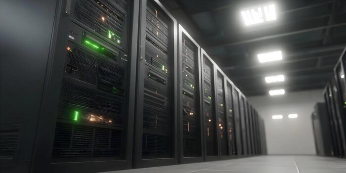 A long row of black server racks with glowing green and amber indicator lights in a modern data center photo