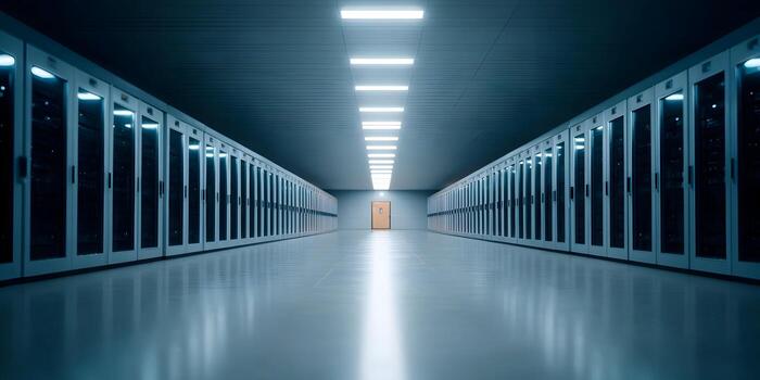 A long hallway in a data center is lined with rows of server racks under bright rectangular lights leading to a single brown door photo