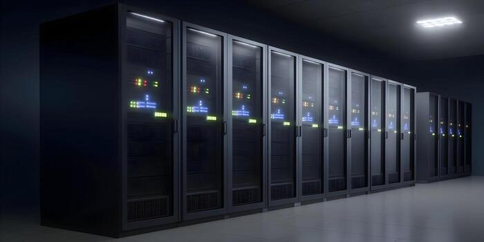 A long row of black server racks with colorful blinking lights in a modern data center photo