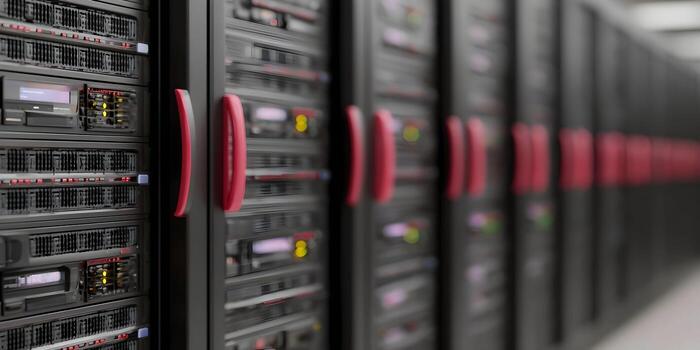 Rows of black server racks with red handles and illuminated indicator lights line a modern data center photo