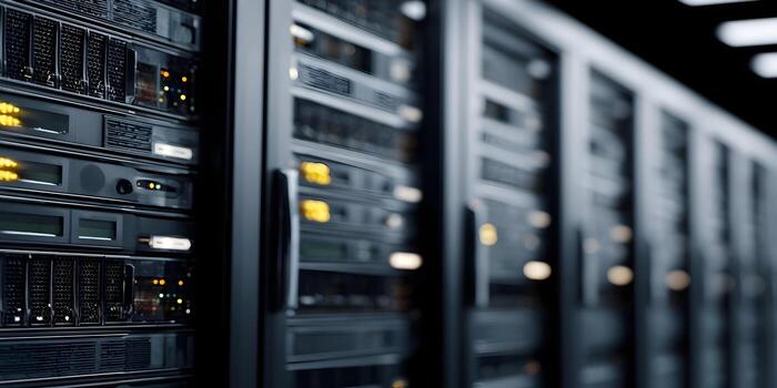 Rows of modern server racks with glowing indicator lights fill a high tech data center photo