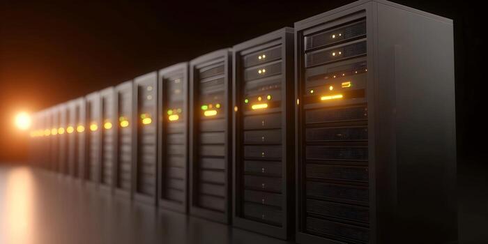 un largo fila de oscuro servidor bastidores con brillante ámbar y verde luces estiramientos dentro el distancia en un datos centrar foto