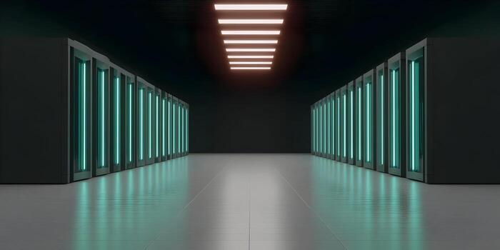 A modern server room features rows of teal illuminated data racks stretching into the distance photo