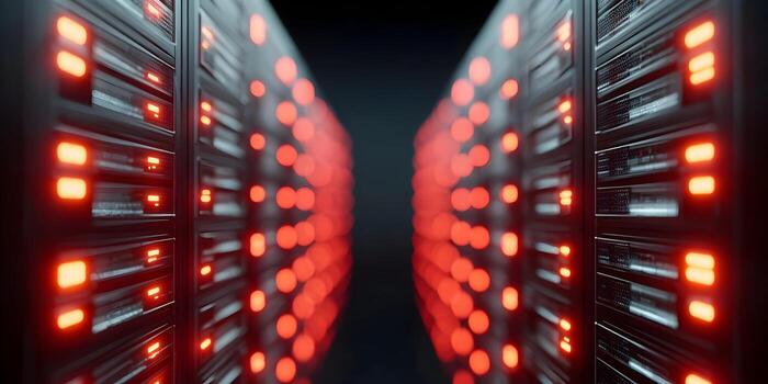 filas de brillante rojo indicador luces iluminar múltiple computadora servidores en un moderno datos centrar foto