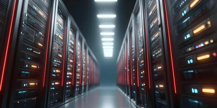 A long corridor lined with glowing server racks in a modern data center symbolizing advanced technology and digital infrastructure photo