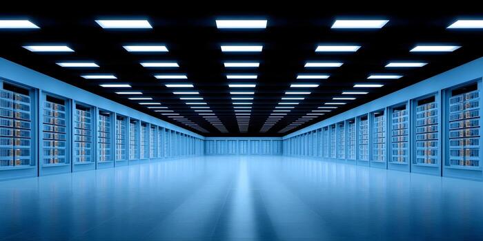 A long illuminated aisle runs through a vast blue data center filled with glowing server racks symbolizing modern digital technology and computing photo
