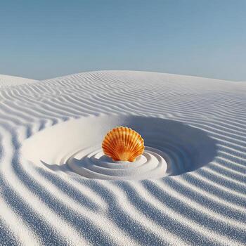 A serene zen garden, featuring a scallop shell nestled within a circular pattern of white sand, creating a tranquil and peaceful scene. photo