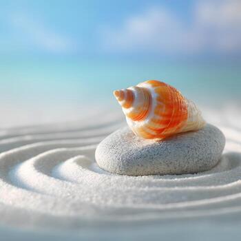 A delicate seashell rests serenely on a smooth stone, nestled amidst intricate patterns in the soft white sand, showcasing a tranquil and peaceful scene. photo