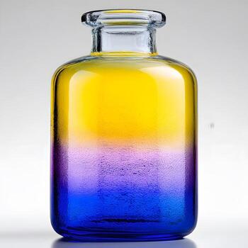 A striking, rectangular glass bottle showcases a vibrant ombre effect, transitioning smoothly from a brilliant yellow at the top to a deep, rich blue at the bottom, enhanced by a subtle textured... photo