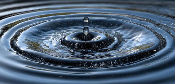 A water droplet impacts a still surface, creating concentric ripples and a mesmerizing display of fluid dynamics. photo