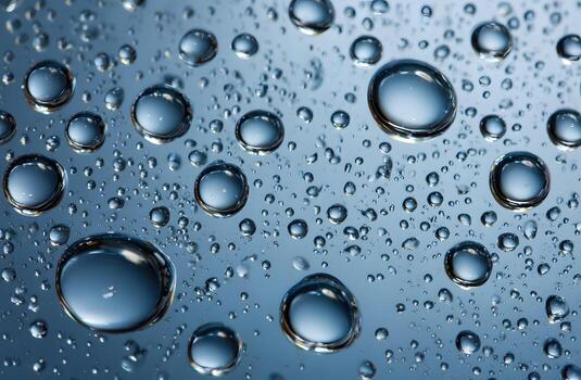 Close-up view of numerous water droplets on a surface, exhibiting a variety of sizes and shapes, creating a mesmerizing visual effect with reflective surfaces and subtle gradations of blue tones. photo
