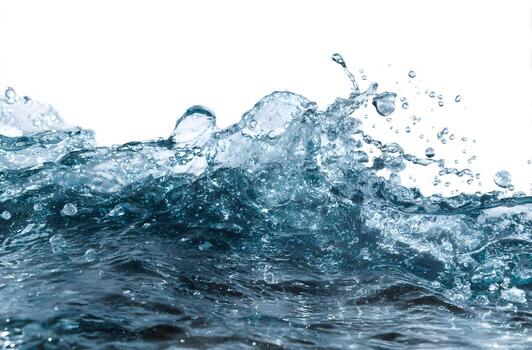 A dynamic display of water in motion, showcasing the intricate patterns of splashing and rippling, with shades of blue and transparent bubbles against a white background. photo