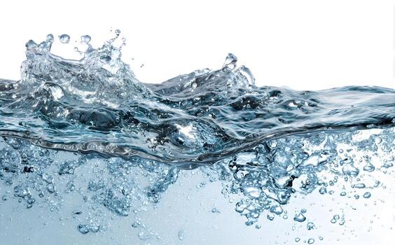 A detailed close-up view of water splashing and rippling over a white background, showcasing the texture and dynamic motion of the liquid. photo