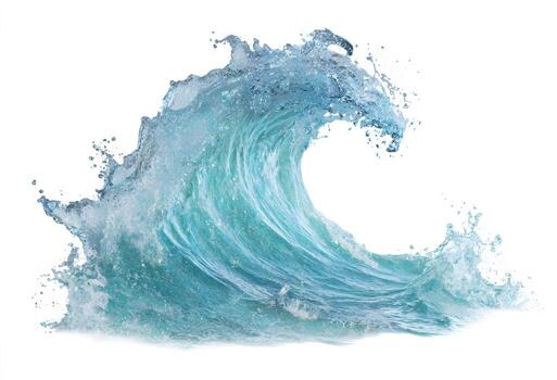 A powerful, teal-hued ocean wave curves gracefully, displaying intricate water patterns and dynamic splashes against a stark white background. photo
