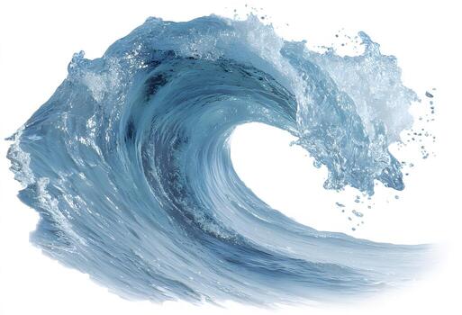 A powerful, stylized wave, light blue in color, displays dynamic motion and texture against a plain white background. photo