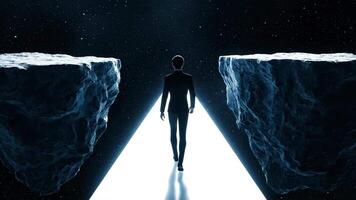 man i kostym promenader tvärs över Plats mellan två klippor på en lysande väg mot en starry himmel video