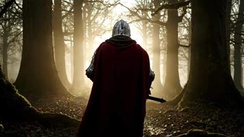 Knight Clad in Armor Walks Through Misty Forest During the Day Near the Trees, With Sword and Red Cape video