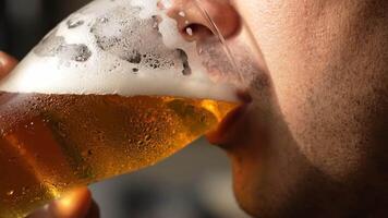 man njuter kall gyllene öl på en solig eftermiddag, tar en uppfriskande smutta på en lokal- bryggeri video