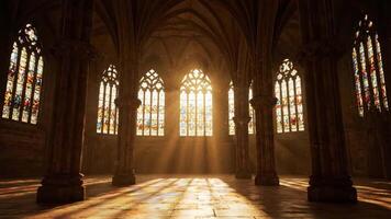 raios do luz solar corrente através manchado vidro janelas dentro uma majestoso catedral corredor durante dia video