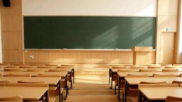 inuti tömma klassrum på universitet med trä- skrivbord och svarta tavlan video