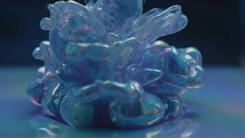 iridescente blob flutuando acima brilhante superfície, criando uma reflexão dentro a cedo manhã luz dentro a estúdio video