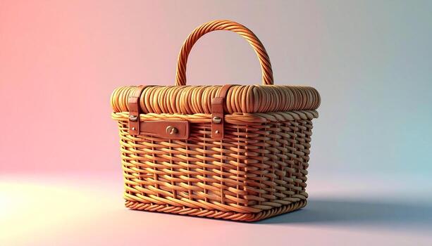 Woven Picnic Basket with Leather Straps on Gradient Background Studio Shot. photo