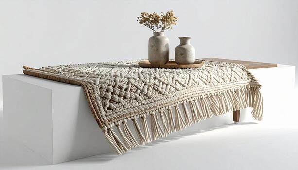 Elegant Macrame Table Runner with Vases and Dried Flowers on White Backdrop. photo