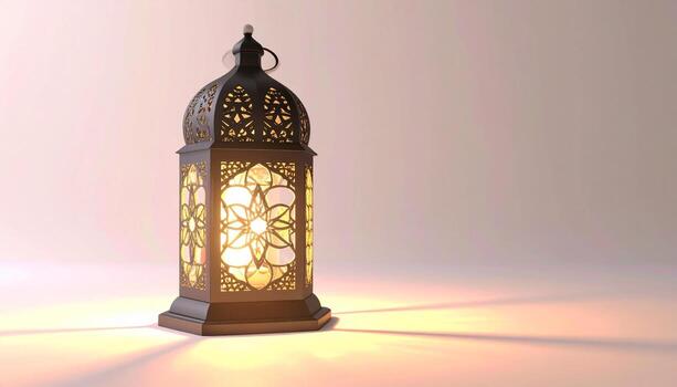 Ornate Ramadan Lantern Glows Casting Warm Light on Soft Background Decorative Design. photo