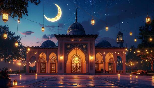 Crescent Moon Over Illuminated Mosque with Lanterns at Night. photo