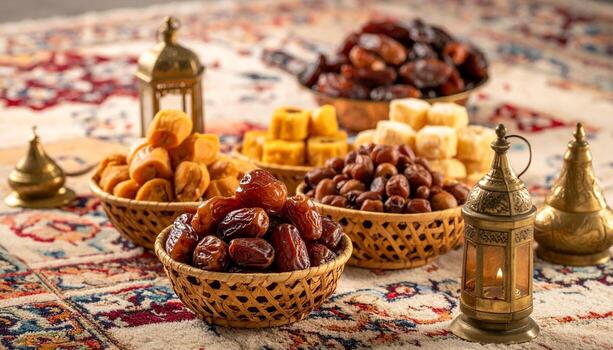 Delicious Dates and Sweets Displayed with Lanterns on Oriental Rug. photo