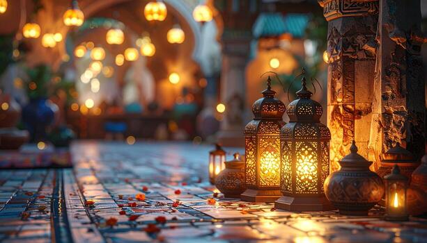 Enchanting Moroccan Lanterns and Warm Glow Atmospheric Scene Bokeh Lights Artistic Composition. photo