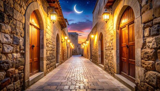 Enchanting Stone Alleyway at Dusk with Crescent Moon and Warm Lanterns. photo