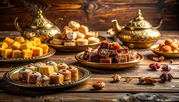 Exquisite Middle Eastern Sweets Displayed on Ornate Golden Plates with Teapots. photo