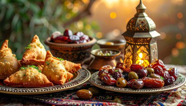 Exquisite Ramadan Feast Samosas Dates Olives and Lanterns Warm Lighting. photo