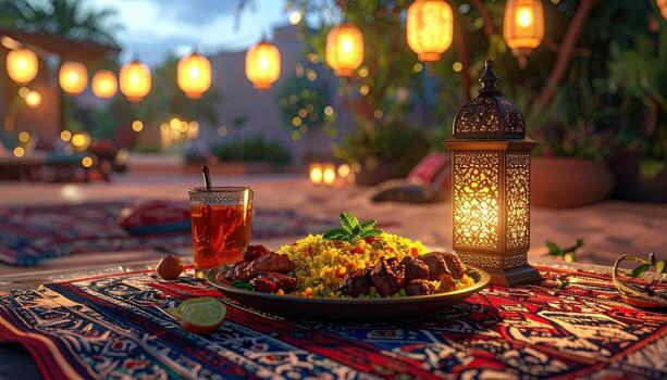 Festive Iftar Feast Couscous Kebabs Tea and Lanterns Under Twinkling Lights. photo