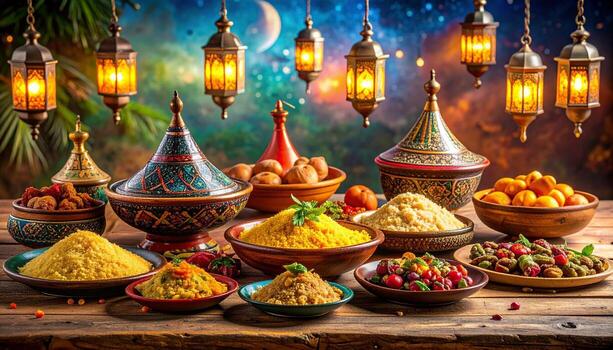 Festive Ramadan Feast Couscous Dates and Lanterns Under a Crescent Moon. photo