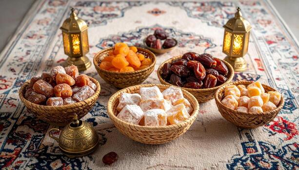 Festive Ramadan Feast Dates Turkish Delight Lanterns on Rug. photo