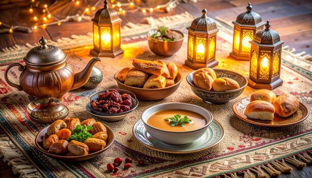 Festive Ramadan Feast Lanterns Food and Warm Lighting on a Table. photo