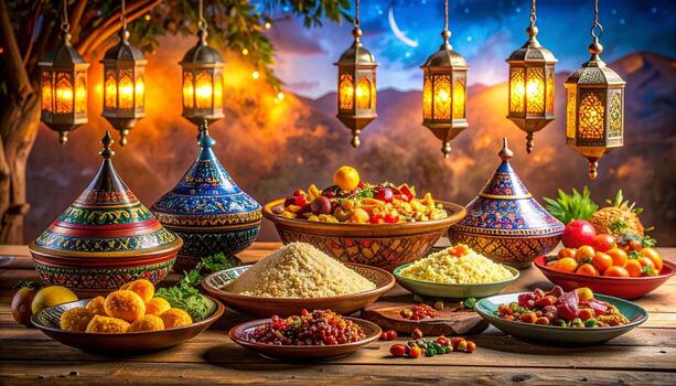 Festive Ramadan Feast Illuminated Lanterns Tagines and Couscous on Wooden Table. photo