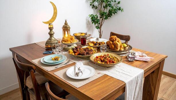 Festive Ramadan Iftar Table Setting with Golden Crescent Moon Lamp and Traditional Dishes. photo
