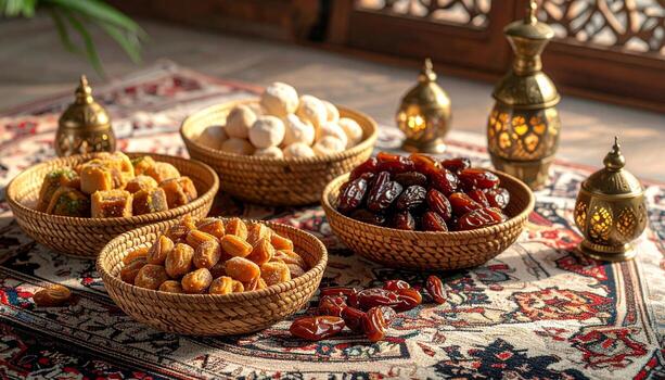Festive Ramadan Sweets Dates Cookies Baklava and Golden Lanterns on Oriental Rug. photo