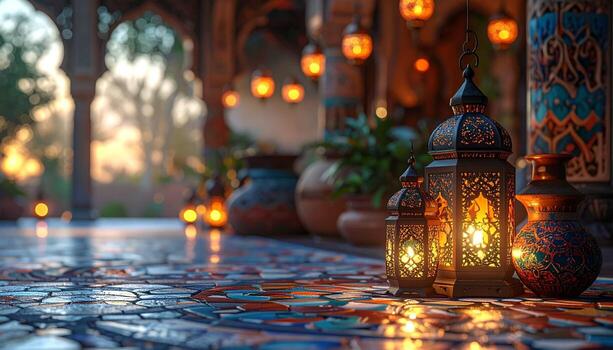 brillante linternas en un árabe patio calentar ligero decorativo sereno atmósfera. foto