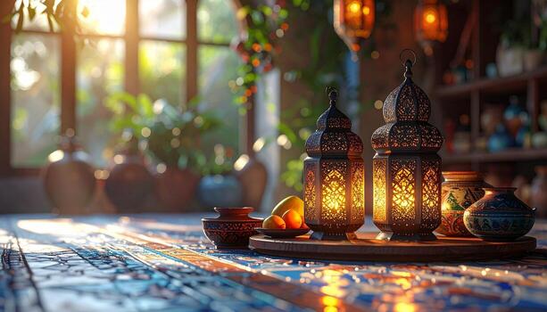 Glowing Lanterns and Exotic Fruits on a Decorative Table Warm Light. photo