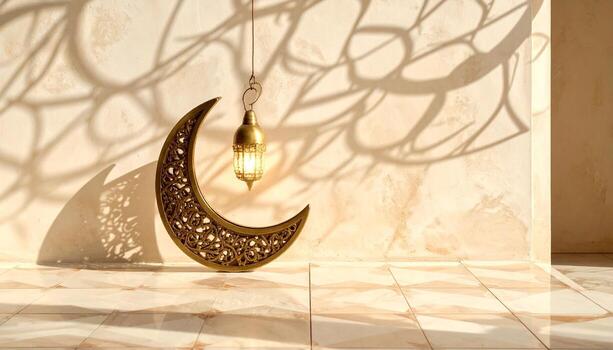 Golden Crescent Moon and Lantern Ramadan Celebration in Warm Light and Shadow. photo