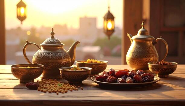 Golden Hour Iftar Dates Teapots and Lanterns at Sunset. photo
